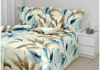 Bavlněný satén Modré a béžové listy (digitální tisk)