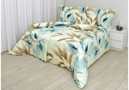 Bavlněný satén Modré a béžové listy (digitální tisk)